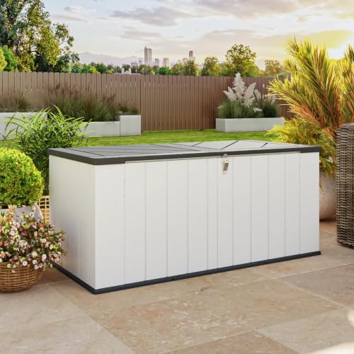 Gartenbox aus Harz 600L,Auflagenbox Wasserdicht Außenmaße: 142 x 67 x 63 cm,Weiß,Wetterfest,Abschließbar