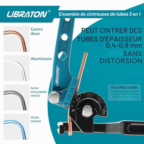 LIBRATON Pipe Bending Machine, Copper Pipe Bender, 180 Degree Bending Tool, 3 in 1 Manual Bending Machine 1/4", 5/16", 3/8", with Tube Cutter, Deburring Tool, for Brass, Aluminum Tube