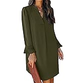QACOHU Fall Dresses for Women 2026 Casual V Neck Long Sleeves Flowy Mini Tunic Dress