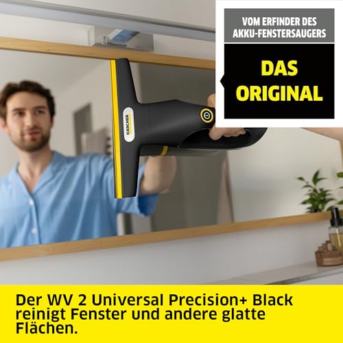 Kärcher WV 2 Universal Precision+ Black Cordless Window Vacuum Cleaner, Battery Life: 35 min, Dirty Water Tank: 120 ml, 2 Suction Nozzles, Spray Bottle with Microfibre Mop Cover, 20 ml Window Cleaner