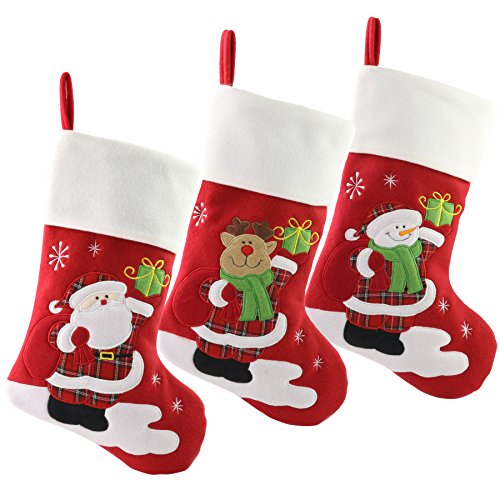 WEWILL 18’’ Classic Red Christmas Stockings Set of 3 Embroidered Snowman Reindeer Santa Claus Play Snow Christmas Stocking Kit with Gifts Bag Home Holiday Decoration - Thumbnail 5