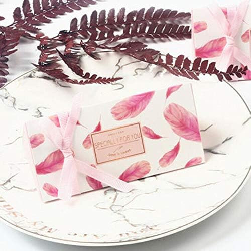 LASLU Marble Favor Boxes, Silver Wedding Favor Boxes and Decoration. Hexagonal Wedding Candy Favor Boxes with Ribbons for Wedding and Bridal Shower Party (50pcs, Pink Feather)