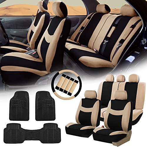 Click Here to See More Images FH GROUP FH-FB030115 Light & Breezy Cloth Seat Covers, Airbag & Split Ready Beige / Black Combo Set: Steering Wheel Cover, Seat Belt Pads and F11306 Vinyl Floor Mats-Fit Most Car, Truck, Suv, or Van