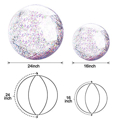 XYH Beach Ball Toy for Beach and Pool, Confetti Sequins Inflatable Beach Ball Glitter, Summer Parties and Gifts (2X16in, 2X24in)