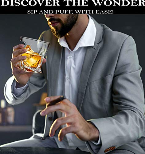 Whiskey Cigar Gift Set - 2 Old Fashioned Glasses With Cigar Rest, Granite Chilling Stones & Cutter In Wood Box