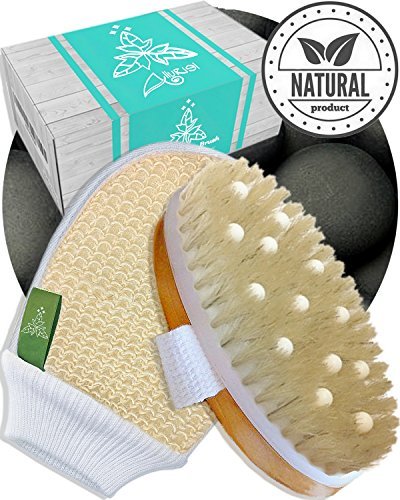 Dry Brushing Body Brush Cellulite Massager - Exfoliating Bath & Spa Scrubber for Shower with Natural Boar Bristles - Scrub Away Dead Skin and Toxins, Stimulate Lymphatic System