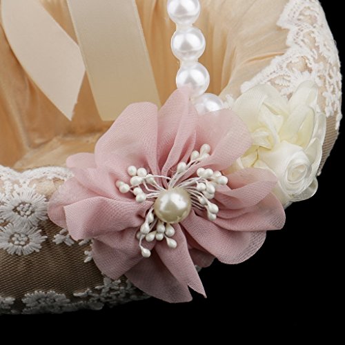 Flower Girl Basket Ribbon Bow Pearl Handle Silk Satin Lace Flower Basket for Wedding Bridal Ceremony Party Decoration Supplies - Thumbnail 4