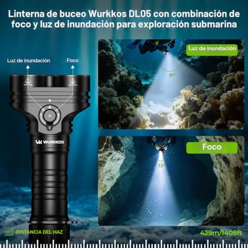 Wurkkos DL05 Diving Flashlight 6000 Lumens Underwater LED Flashlight IPX8 Waterproof 100 m Battery 14h Rechargeable USB-C for Snorkeling Spearfishing and Camping