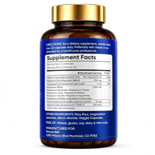 Magnesium Complex 1000mg 12 in 1 Magnesium Supplement with Glycinate Citrate Malate Oxide Taurate Aspartate Orotate Magnesium Relaxation,Muscle, Vegan 120 Capsules