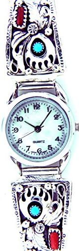 By Navajo Artist Joe Tso: Navajo Women's Bear Paw Turquoise/Coral Watch Bracelet