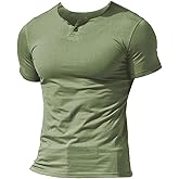 Muscle Alive Mens Summer Casual Short Sleeve Henleys T-Shirt Single Button Placket Plain v Neck Shirts