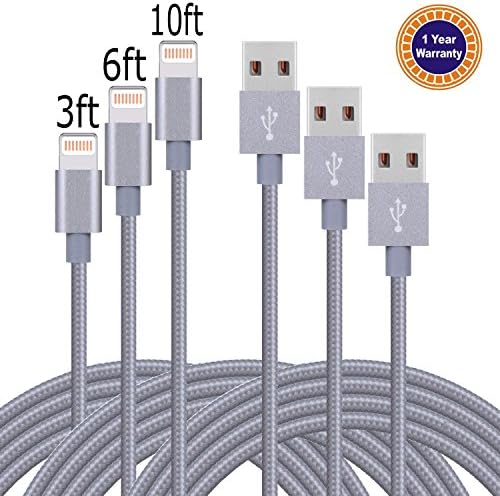 Jricoo 3PACK(3ft+6ft+10ft) Lightning Cable Popular Nylon Braided Charing Cable for iphone 7,7plus,iphone 6s, SE, 6s plus, 6plus, 6,5s 5c 5,iPad Mini, Air,iPad5,iPod.New Version(Gray)