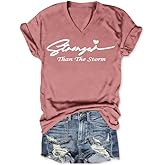 LEBOAMR Christian ShirtforWomen,Stronger Than The StormTopsReligious Faith Short Sleeve FunnyGraphic Letter V Neck Tees