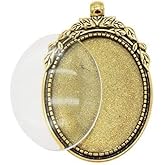 Julie Wang 10 Sets Oval Antiqued Gold Color Blank Photo Setting Bezel Tray Pendant for Necklace Jewelry Making Charms