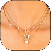 Layered Butterfly Pearl Pendant Necklace Set for Women Trendy 14k Gold Chain Choker Necklaces Stackable Link Bead Necklaces Jewelry Gift