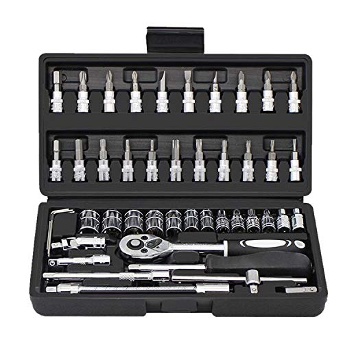 1/4" Socket Wrench Set, 46 Pcs Metric Tool Kit Professional Socket Wrench Repair Tool Drive Car Repairing Kit with Wrench Handle Ratchet Wrench Nut Set Socket Wrench Set for Car Motorcycle Repair