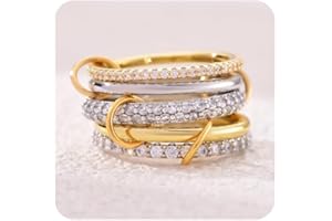 Canboer 14K Gold Plated Interlocked Stackable Rings for Women Non Tarnish,Gold and Silver Cubic Zirconia Statement Rings Set,Mixed Metals Ring Two-Toned Connected Bands Stacking Jewelry
