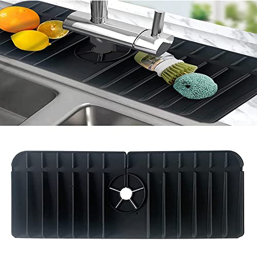 Silicone Kitchen Faucet Sink Splash Guard Faucet Handle Drip Catcher Tray Silicone Faucet Water Catcher Mat Sink Draining Pad Behind Faucet (Black)