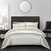 AiMay 3 Piece Duvet Cover Set Bedding Sets Satin Luxury Rich Silk Silky Super Soft Solid Color Reversible Stain-Resistant Wrinkle Free (King, Off White)