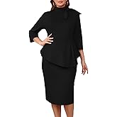 WanMem Plus Size Dress for Curvy Women Semi Formal Cocktail Party Midi Dress Bodycon Long Sleeve Bow Ruffle Pencil Dresses