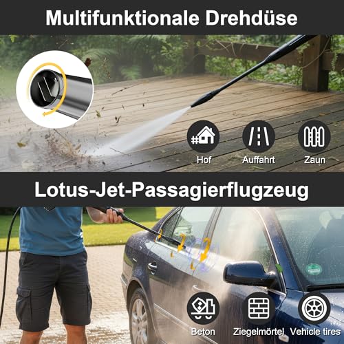 LANCHEZ Hochdruckreiniger 145 bar max Druck, Fördermenge 420 l/h, 7-in-1-Zubehör Kit (500ml Schaumsprüher, Schnellkupplungen, Schnellanschlussdüsen, Terrassenbürste) für Auto, Terrasse, Gelb
