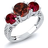 Gem Stone King 925 Sterling Silver Red Garnet and Created Ruby 3-Stone Ring For Women (2.50 Ct Round, Gemstone Birthstone)