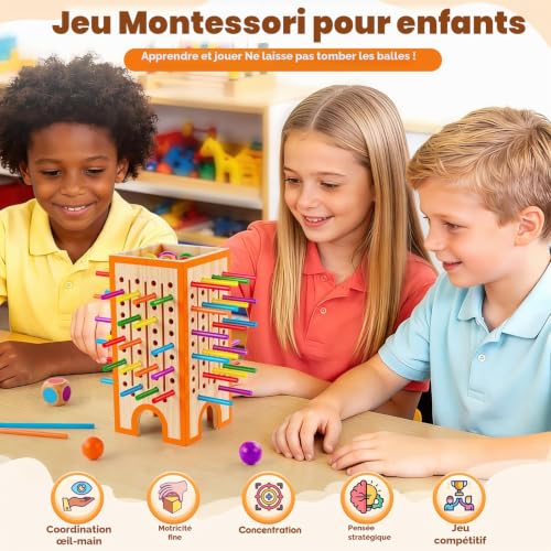 Montessori Game, Children's Games 3, 4, 5, 6 Years, Wooden Board Game with 42 Sticks and 12 Balls, Educational Toy for 3 Years, Fine Motor Skills Games, Family and Travel Games, Gift for Boys and