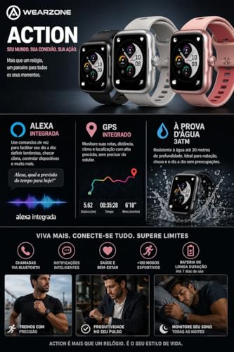 Smartwatch Action com GPS Integrado, Alexa integrada, Tela AMOLED, Resistência 3ATM, A prova d'água, Fitness e Notificações Inteligentes Pulseira Respirável (Preto)