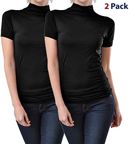 Kuda Moda 2 Pack Women Seamless Short Sleeve Mock Neck Turtleneck Blouse Top Tee Shirts (Black/Black)