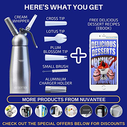 Nuvantee Cream Whipper (1-Pint) - Professional Aluminum Whipped Cream Dispenser With 3 Decorating Nozzles - Uses Standard N20 Cartridges (not included) - Thumbnail 7