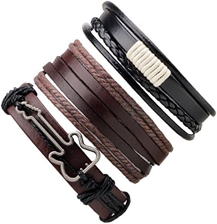 Jlbuay Men's women's 3pcs Bracelets set, Alloy Guitar Leather Bracelet, Cuff adjustable size
