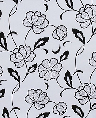 Teemall Black and White Flowers Wallpaper Vine Shelf Liner Self-Adhesive Waterproof Shelf Drawer Liner Cabinet Sticker 17.7 inch by 9.8 Feet