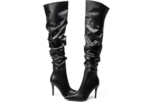 Feinlina Black Over The Knee Thigh High Boots For Women Sexy Pointed Toe Side Zipper Leather Pleaser Boots