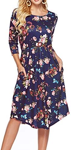 ZJCT Womens Dresses 3/4 Sleeve Round Neck Floral Casual Swing Midi Dress with Pockets