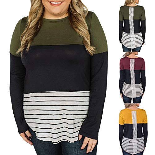 Respctful New in Women Long Sleeve T-Shirt Stripe Lace Patchwork Blouse Hem Shirt Casual Tops Green