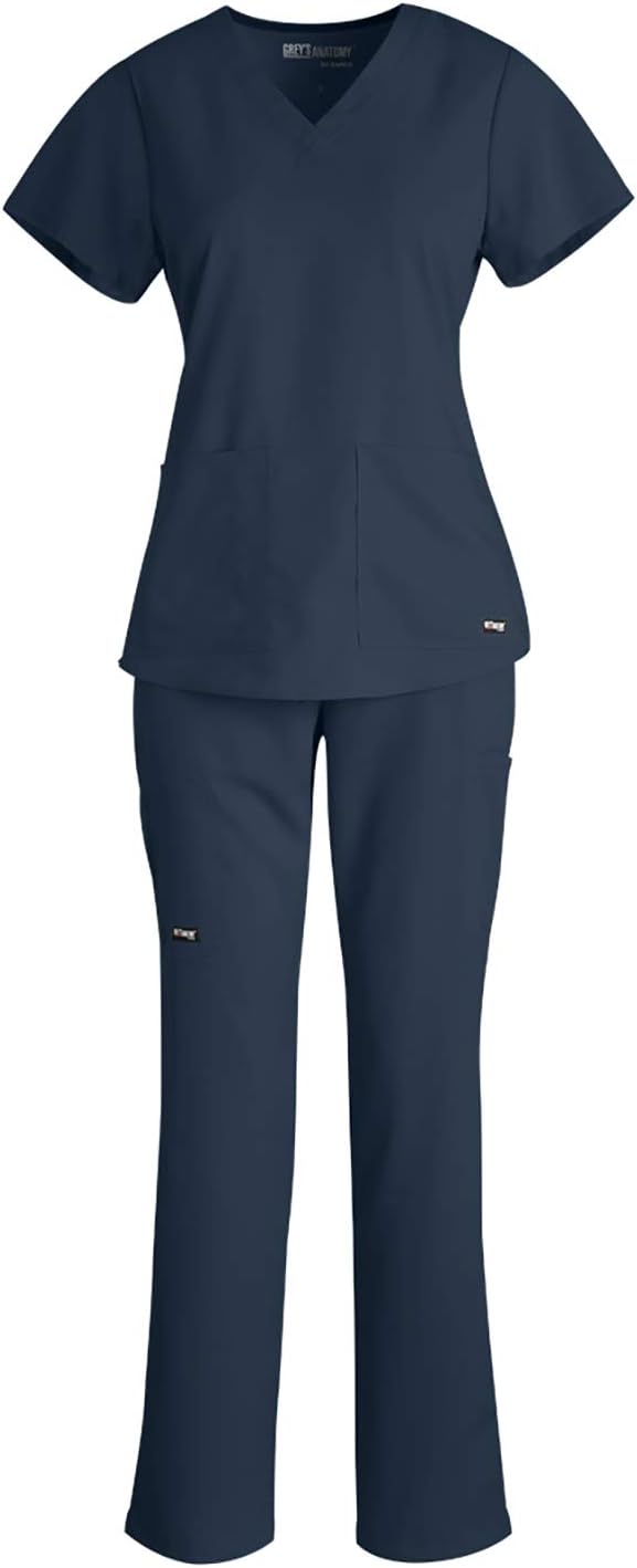 Grey's Anatomy V-Neck Top Bundle with Straight Leg Pant Medical Scrub Set for Women
