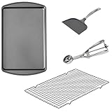 Wilton Cookie Baking Set 4-Piece -  17.25 x 11.5-Inch Non-Stick Cookie Sheet -  16 x 10-Inch Non-Stick Cooling Rack, Non-Stick Spatula, and Stainless Steel Cookie Scoop