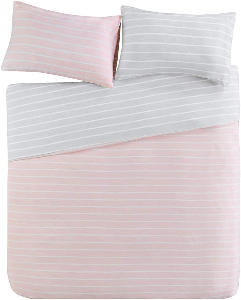 Chester Stripe Reversible Printed Duvet Cover Set Double DE Size - Grey & Pink Neatly Striped Motifs Design - 3 Pics Ultra Soft Hypoallergenic Microfiber Quilt Cover Sets