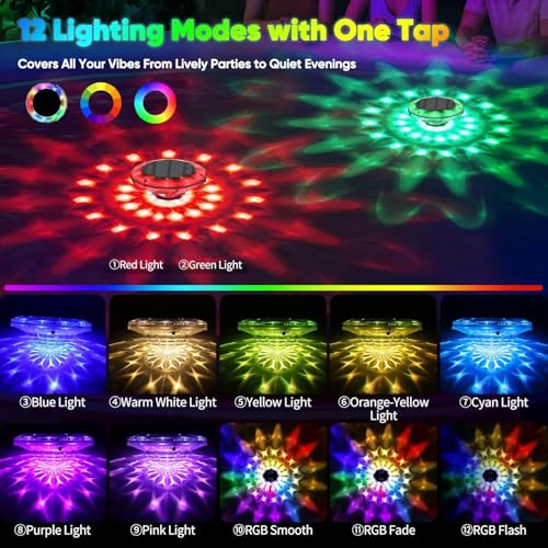 Quntis Floating Pond Lights Solar Powered, 2Pcs Submersible Swimming Pool Lights with Remote and 16hours RGB Multicolor 12 Modes 360° Lightshow, IP68 Waterproof Underwater Lights for Bath Hot Tub Spa