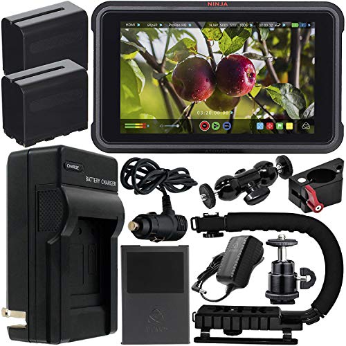 Atomos Ninja V 5" 4K HDMI Recording Monitor with Power Bundle & Accessory Kit - Includes: 2x Extended Life NP-F975 Batteries with Charger, Action Grip Stabilizer, Rotating Monitor Mount & MORE
