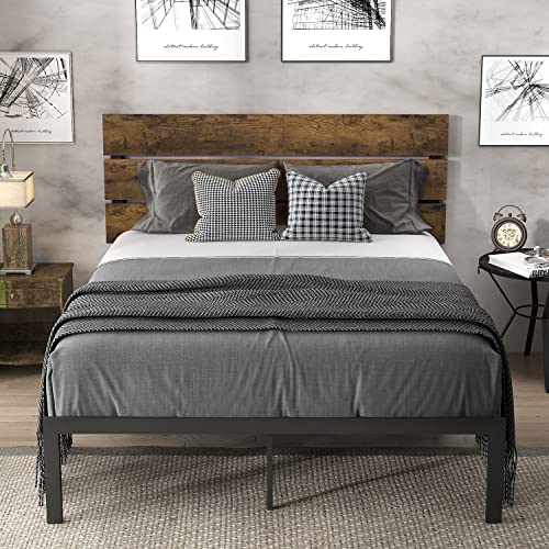 Allewie Full Size Platform Bed Frame with Wooden headboard and Metal