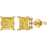 14K Yellow Gold Plated 925 Sterling Silver Push Back Dainty Stud Earrings for Women - 4 cttw Princess Cut Simulated Yellow Diamond
