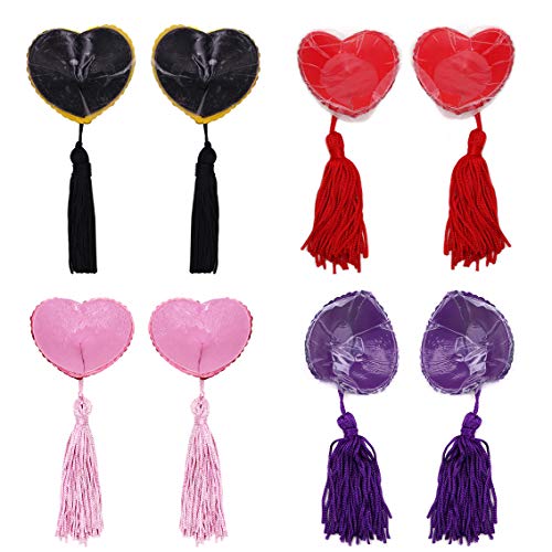 4 Pairs Reusable Adhesive Nipple Cover,Shiny Sequin Silicone Heart-Shaped Breast Pads Pasties Bra with Tassel