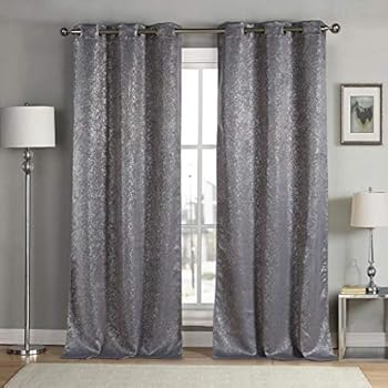 kensie Maddie Silver Metallic Textured Blackout Darkening Grommet Top Window Curtains Pair Drapes for Bedroom, Living Room-Set of 2 Panels, W38 X L96, Grey