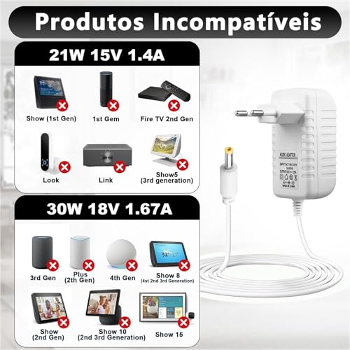 Fonte de Energia Bivolt de 15W, Adaptador de Energia Compatível com Alexa Dot 5ª, 4ª e 3ª Geraçãos, Cabo para Alexa Dot com Relógio 5ª, 4ª e 3ª Gerações, Série Pop e Spot, Show 5 1ª e 2ª Geraçãos, 2M