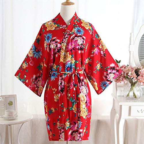 CofeeMO Women's Floral Print Kimono Satin Wrap Pajamas,Sexy Long Sleeve Sleepwear Ladies Robe(Red,Free Size)