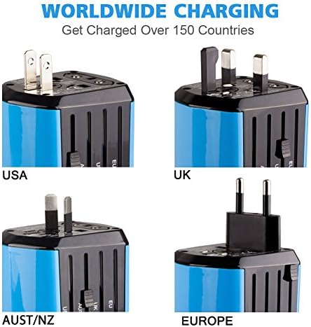 International Travel Adapter with USB Charger and Compass World Travel Adapter Worldwide[Euro, UK, US, AU, CN］Foldable Plugs Charged to Any USB Devices Work in Over 150 Countries (Blue)