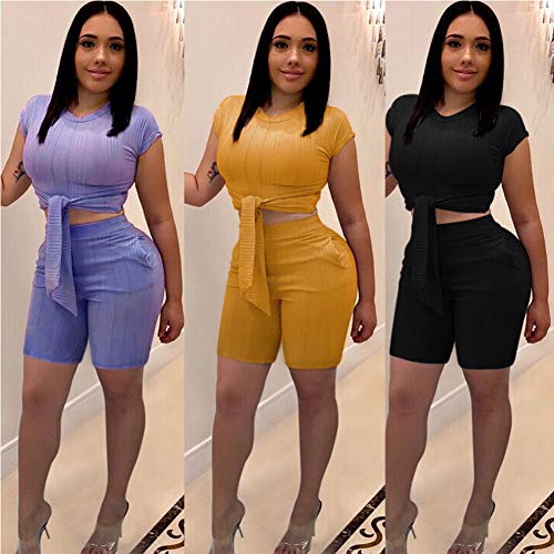 Women Sexy 2 Piece Outfits- Short Pant Set Tie Crop Top Jumpsuits with Sleeve Pockets Yellow S
