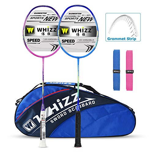 WHIZZ 2 PCS 100% Graphite Badminton Racket Set, Frame/String Protection Design, Large Badminton Bag / 2 Grip Tapes Included (Blue/Pink)