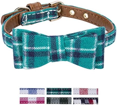 StrawberryEC Extra Small Dog and Cat Collar with Cute Plaid Bowtie. Adjustable 5 Holes to Also Fit Puppy and Kitten. Quality PU Leather and Durable Polyester